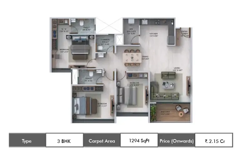 Dream Velmore 3 BHK floor plan, 1294 sq ft carpet area