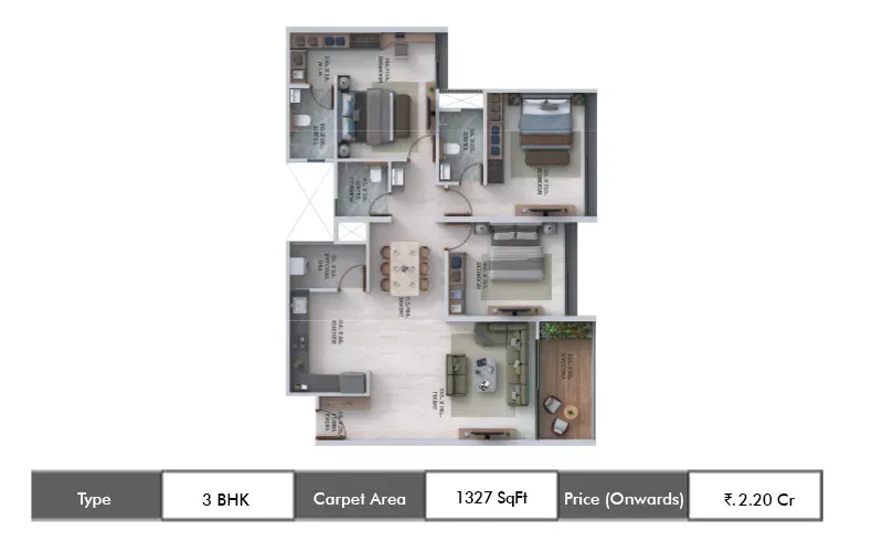 Dream Velmore 3 BHK floor plan, 1327 sq ft carpet area